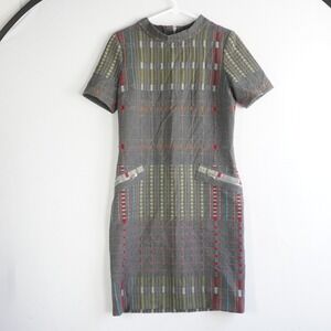 Kevan Hall Grey Plaid Sheath Dress Short Sleeve Mock Neck Zip Back Geometric Art